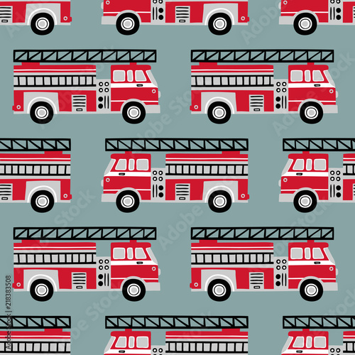 Hand drawn fire trucks seamless vector pattern on light blue background.