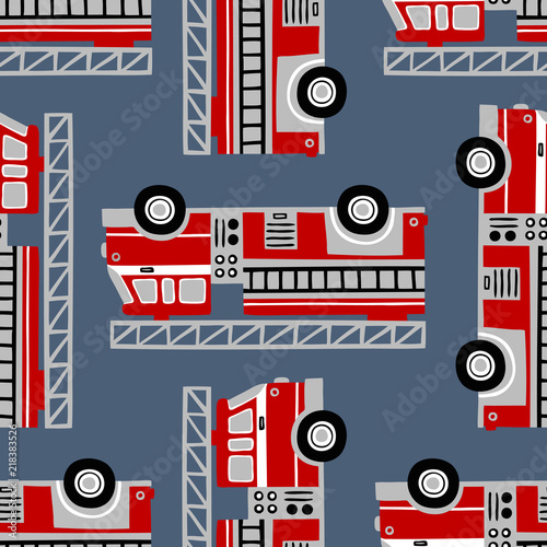 Hand drawn fire trucks seamless vector pattern on blue background.