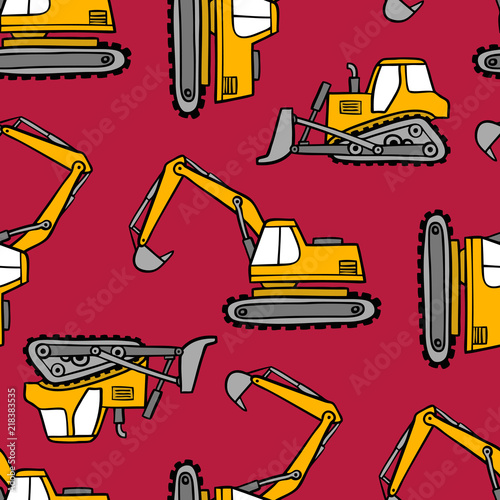 Hand drawn grips and bulldozers seamless vector pattern on red background.