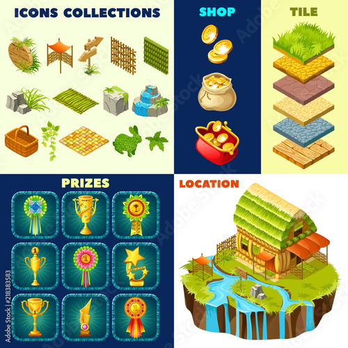 Isolated vector elements for computer game. 3d isometric straw building on island. Collection icons landscape design, prizes, rewards, winner cups, game trophy, money, rosette awards, tiles.