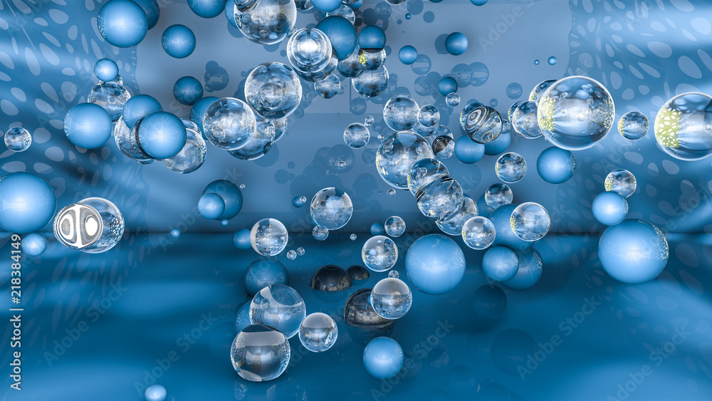 abstract blue background with three-dimensional spheres. 3D rendering