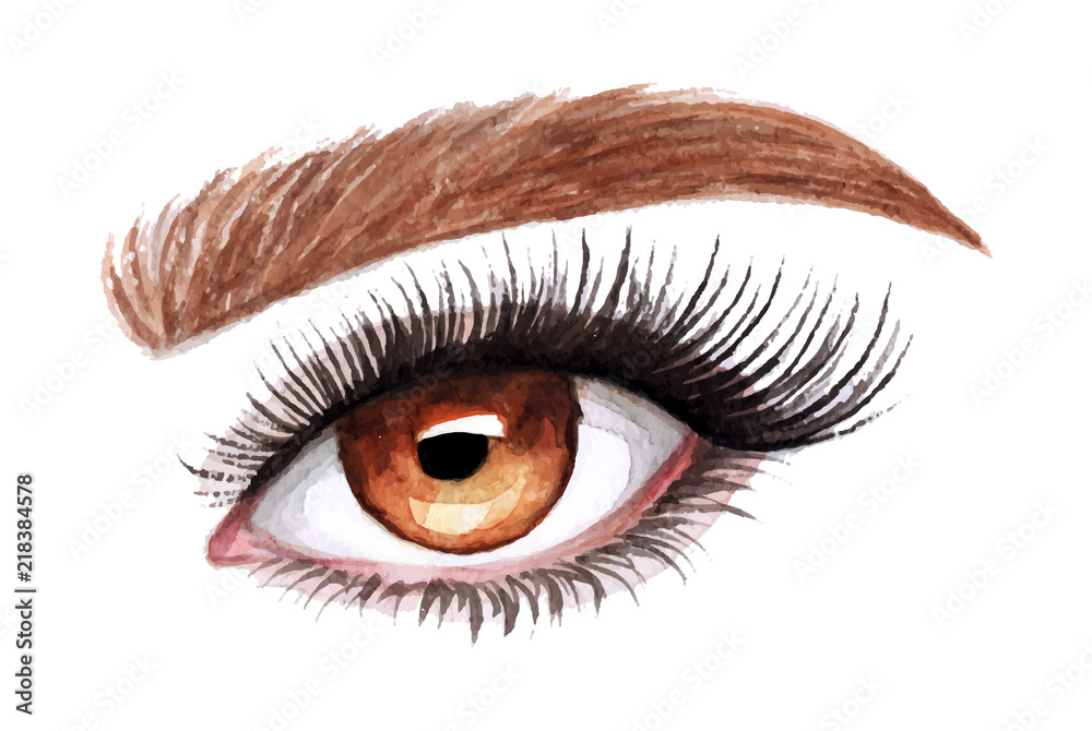 Woman eyes with long eyelashes. Hand drawn watercolor illustration. Eyelashes and eyebrows. Сoncept of eyelash extensions, microblading. Yellow eyes. Woman eyes with long eyelashes. Hand drawn watercolor illustration. Eyelashes and eyebrows. Сoncept of eyelash extensions, microblading. Yellow eyes.