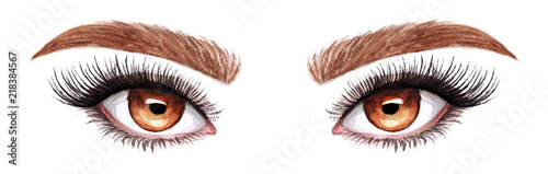 Woman eyes with long eyelashes. Hand drawn watercolor illustration. Eyelashes and eyebrows. Сoncept of eyelash extensions, microblading. Yellow eyes. photo