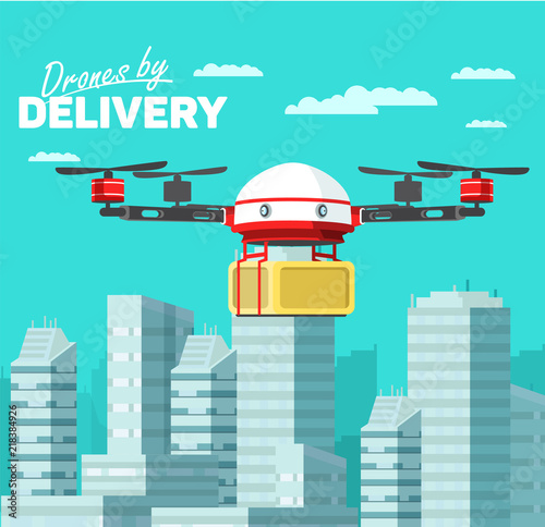 Technological shipment innovation - drone fast delivery concept, multicopter flying with cardboard box above city. Vector illustration