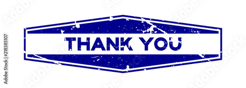 Grunge blue thank you wording hexagon rubber seal stamp on white background
