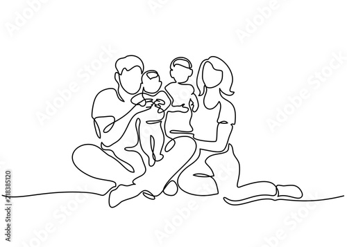 Continuous one line drawing. Family concept. Father, mother and two kids sitting together. Vector illustration