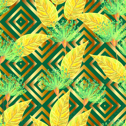 Seamless tropical gold luxury pattern with leaves and exotic flowers vector background. Perfect for wallpapers, pattern fills, web page backgrounds, surface textures, textile
