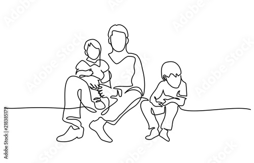Continuous one line drawing. Family concept. Father and kids sitting together. Vector illustration