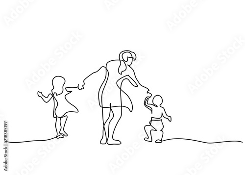 Continuous one line drawing. Family concept. Mother walking with small children. Vector illustration