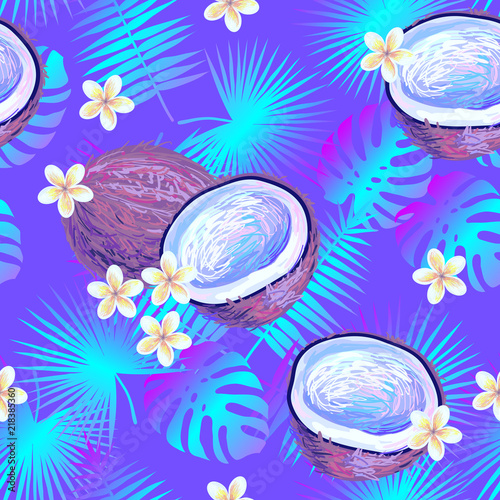 Seamless luxury pattern with coconut, palm leaves and tropical exotic plumeria rubra frangipani flower vector background for wallpaper, pattern fill, web page background, surface texture, textile