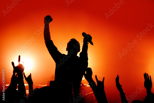 silhouette of a singer performing on stage at a concert in the fog. the vocalist raised his hand with the microphone. fans show the sign of the horn