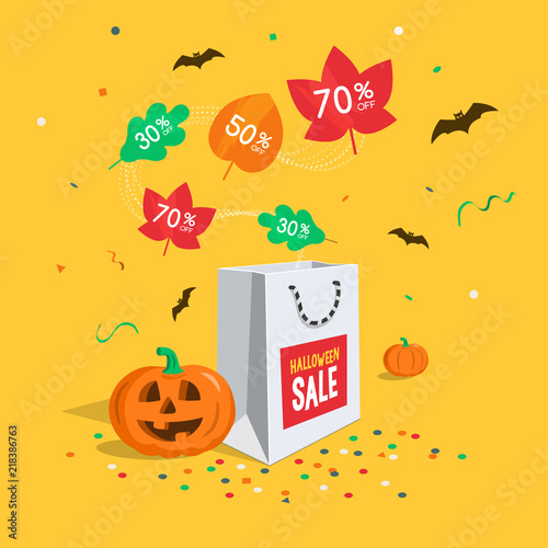 Special Halloween sale symbol with shopping bag, flying colorful leaves, confetti and bats isolated on yellow background. Easy to use for your design with transparent shadows.