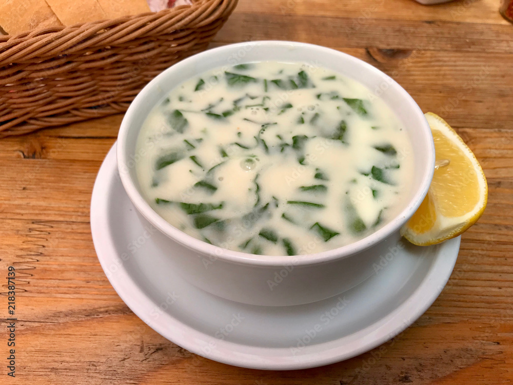 Turkish Food Spinach Soup with Cream served with Lemon Turkish Food Spinach Soup with Cream served with Lemon