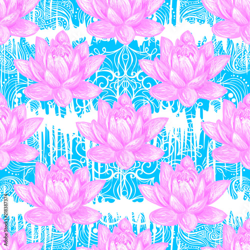 Fototapeta Naklejka Na Ścianę i Meble -  Seamless floral pattern background with tropical pink lotus flower vector background. Perfect for wallpapers, pattern fills, web page backgrounds, surface textures, textile
