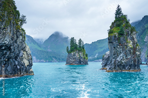 Blue waters and tree covered rocks jutting out of water on a cloudy morning at Porcupine bay at Kenai Fjords National Park, Alaska photo