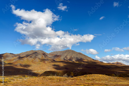 Clouds over a peak on a tundra landscape with dramatic lighting with shadows at Denali National Park, Alaska © Sekar B