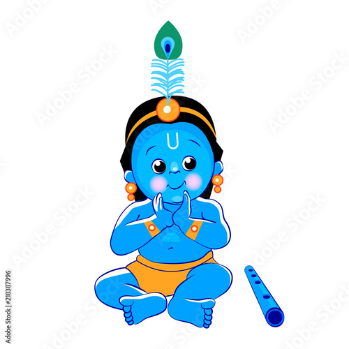 Krishna. Happy Janmashtami. Blue baby on white background for your design. Indian celebration