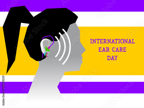 Girl and sound wave. Listening. World deaf hearing day. Ear. Hearing or listening loss. Ear canal. Vector illustration poster. Sound waves. Music online. International ear care day