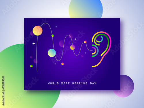 World Deaf Hearing Day. Ear. Hearing or listening loss. Ear canal. Futuristic innovation medical center aid prevention awareness vector illustration poster. Sound waves. Music online. Ear care