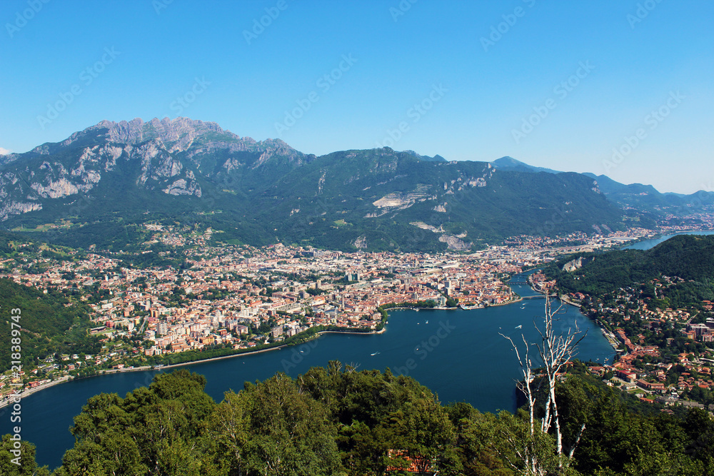 City of Lecco (Italy) seen from above and mount Resegone in the background