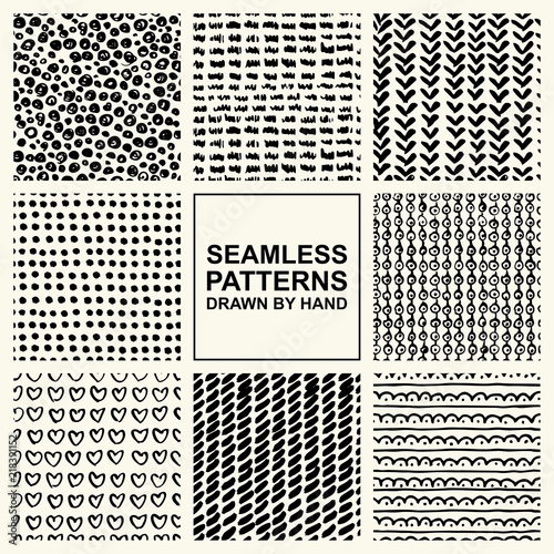Vector set of hand drawn seamless pattern made with ink. Freehand textures for fabric, polygraphy, web design.