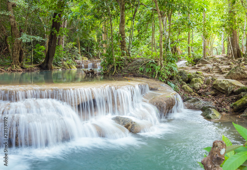 Waterfall in Erawan national park in day   Kanchanaburi   Thailand