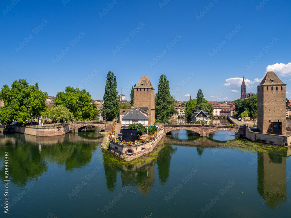 Obraz premium The Towers of Ponts Couverts in Strasbourg. Strasbourg is the capital and largest city of the Grand Est region of France and is the official seat of the European Parliament.
