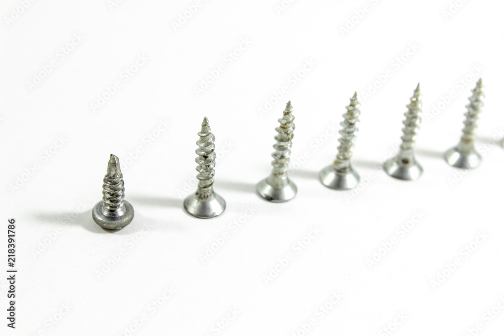 Close-up top shoot of multiple screws on white blurry background Close-up top shoot of multiple screws on white blurry background
