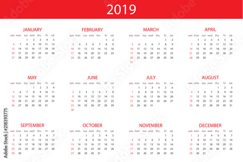 Calendar 2019 year, simple design template, week starts on Sunday