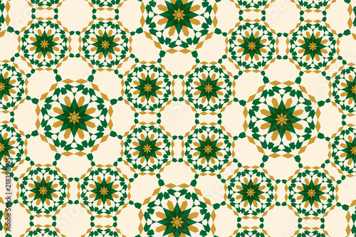 Arabesque in moroccan style with green and gold color for greeting card, invitation, background, and for wallpaper