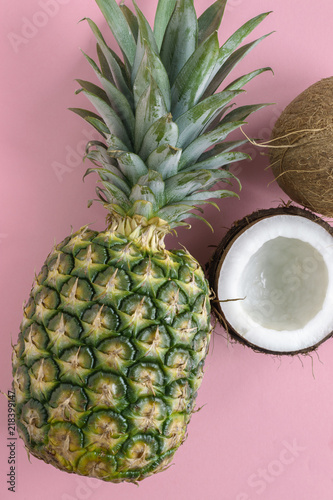 Pineapple and Coconut Pieces on a pink background