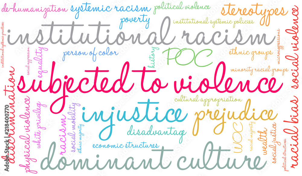 Subjected To Violence Due to Racism Word Cloud on a white background. . 