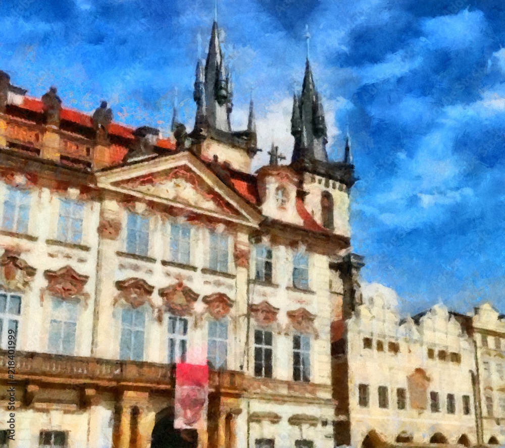 Oil painting. Art print for wall decor. Acrylic artwork. Big size poster. Watercolor drawing. Modern style fine art. Historical medieval part of city. Czech Republic. Prague. Wonderful cityscape.