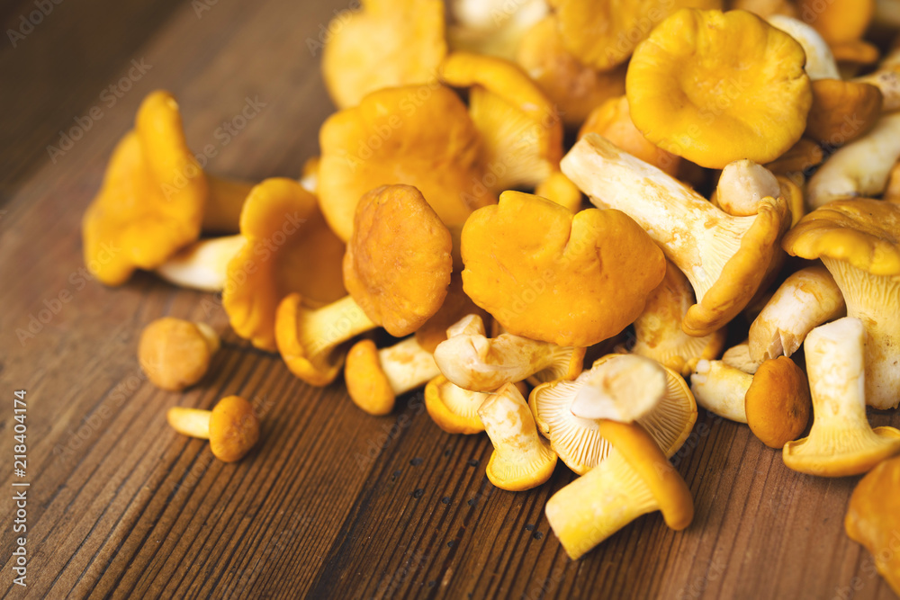Fresh chanterelle mushrooms on an old wooden surface. Forest mushrooms Fresh chanterelle mushrooms on an old wooden surface. Forest mushrooms