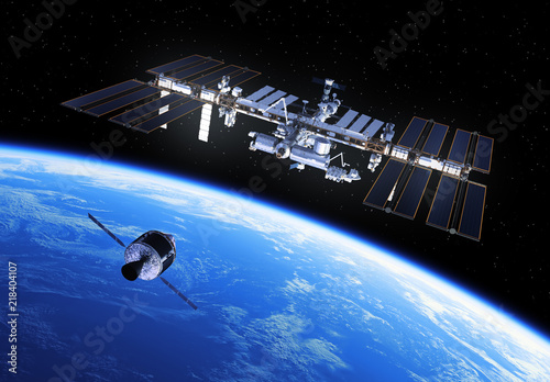 Fototapeta Naklejka Na Ścianę i Meble -  Crew Exploration Vehicle Is Preparing To Dock With International Space Station