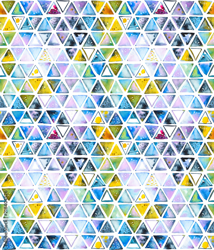 Seamless pattern with abstract geometric triangles. Watercolor spots, shapes, beautiful paint stains like cosmic nebula. Background for parties, holidays, birthdays. Seamless pattern with abstract geometric triangles. Watercolor spots, shapes, beautiful paint stains like cosmic nebula. Background for parties, holidays, birthdays.