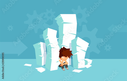 Vector of a pile of books and sad verwhelmed student sitting on the floor