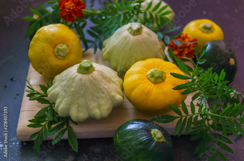 Multicolored smal squashs grown on an eco-farm,