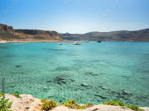 Balos Lagoon Turquoise and Blue sea  view from the cliff of the island fort  Crete Island  Greece