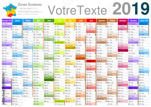 vacances 2020 officielles Calendrier 2019 sur 14 mois MODIFIABLE avec texte non vectorisés / Calendrier scolaire complet, semaine
