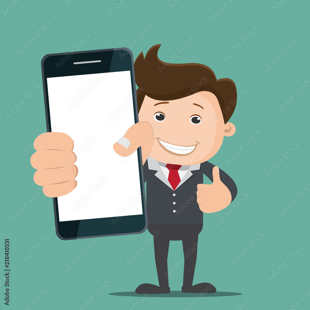 Business man holding smart phone. Business man show smart phone.vector illustration. Business man holding smart phone. Business man show smart phone.vector illustration.
