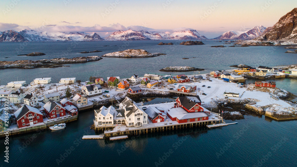 Colored Henningsvær Lofoten fishing village in winter
