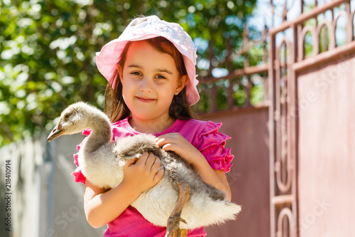 Little girl and canada goose in park photo