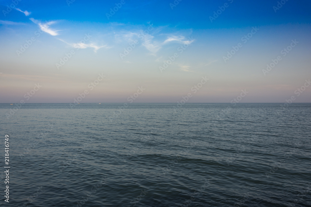Sea view with waves. Exact horizontal horizon. Blue sea level.