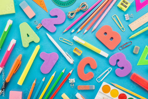 School supplies on a blue background