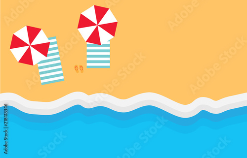 beach with umbrellas, towels and flip-flops- vector illustration