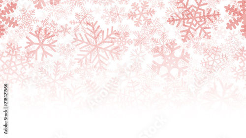 Christmas background of many layers of snowflakes of different shapes, sizes and transparency. Gradient from red to white