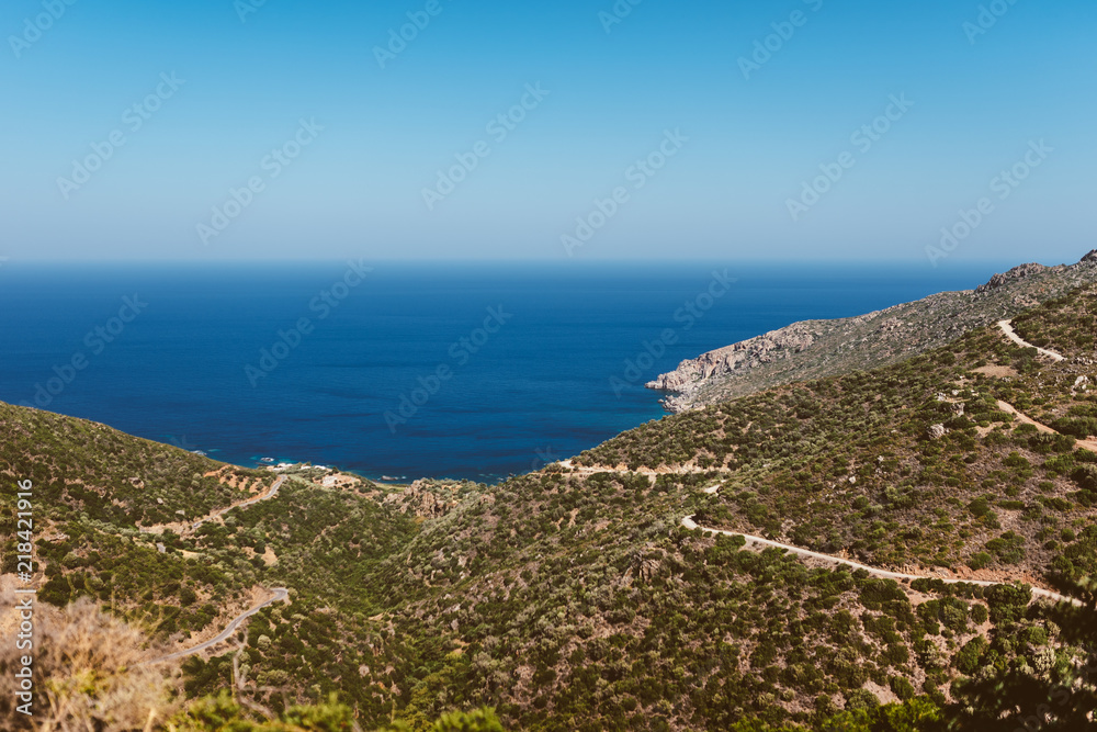 Beautiful landscape, Scenery of olive trees with the greek sea in background. Valley roads and beautiful landscapes