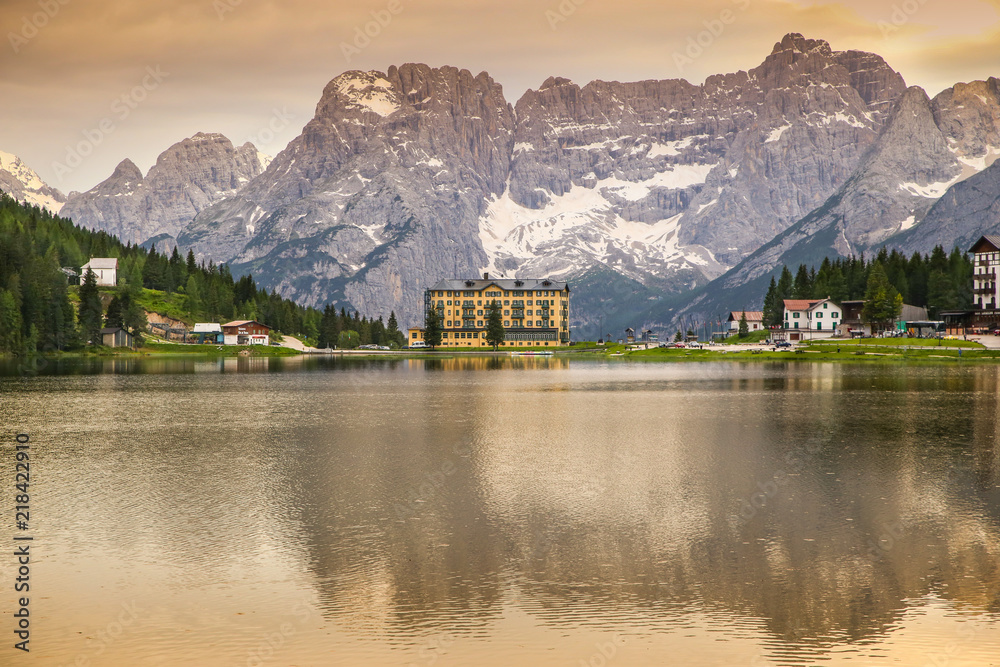 Dolomites Mountains reflection in lake Misurina, Italy