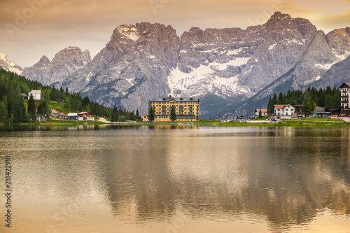 Dolomites Mountains reflection in lake Misurina, Italy